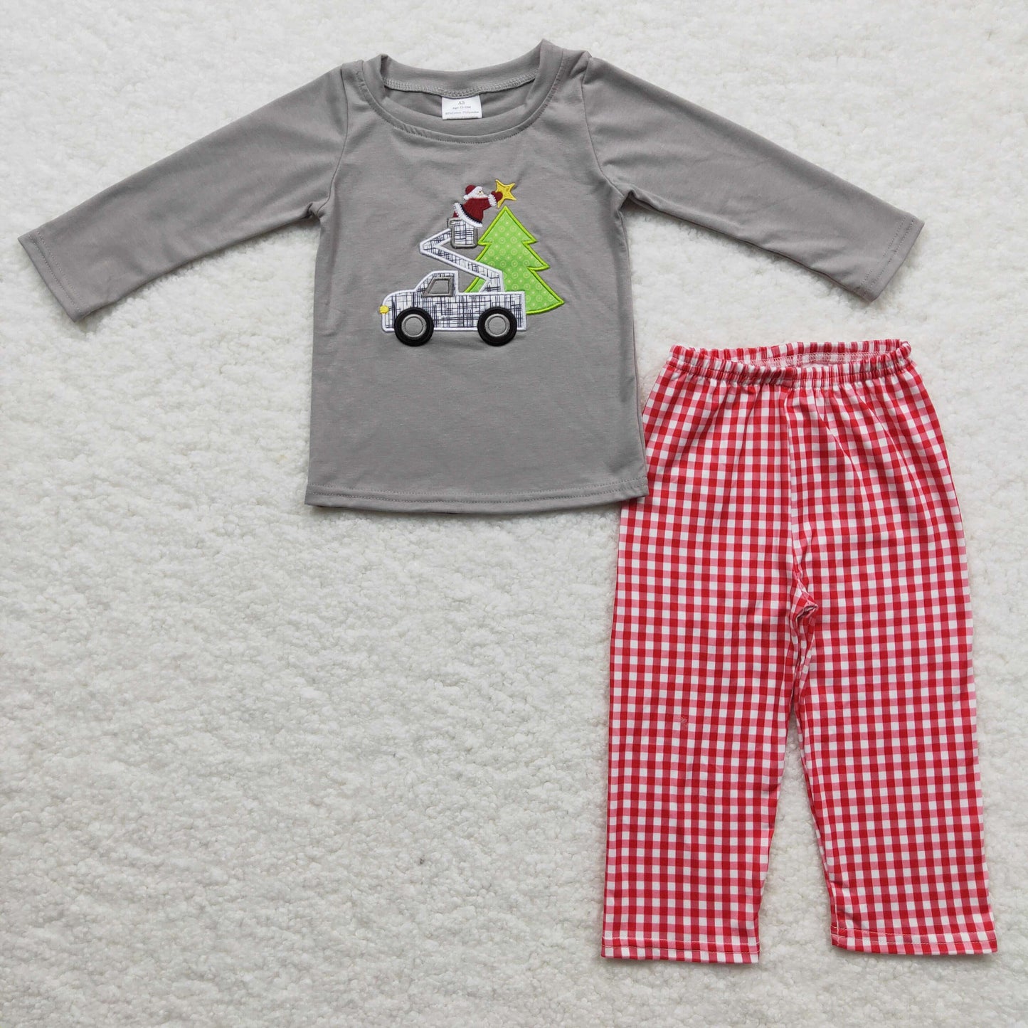 BLP0135 Truck Santa Tree Embroidery Grey Top Checkered Pants Boys Christmas Clothes Set