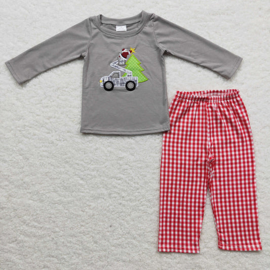 BLP0135 Truck Santa Tree Embroidery Grey Top Checkered Pants Boys Christmas Clothes Set
