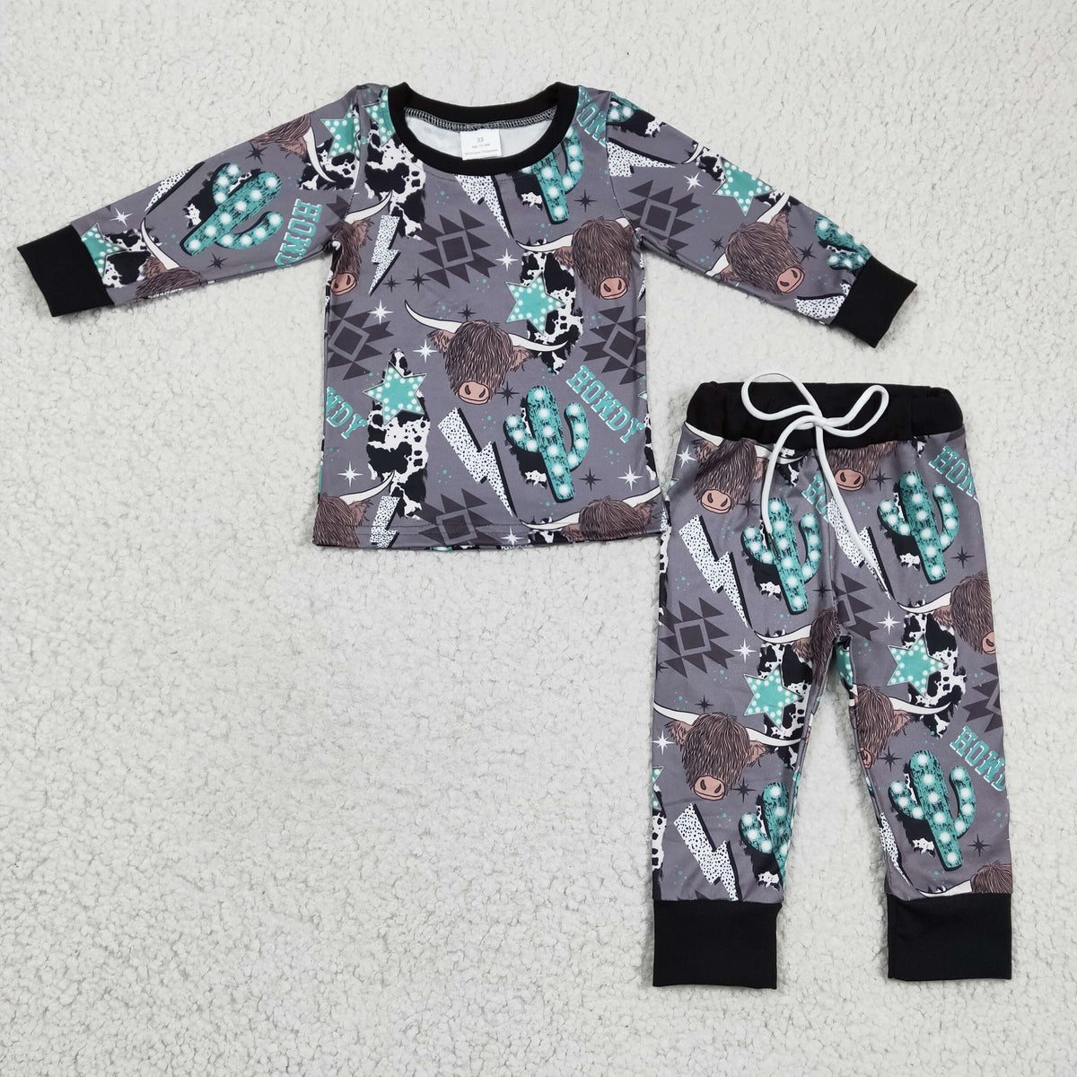 BLP0154 Highland Cow Howdy Aztec Print Boys Western Pajamas Clothes Set