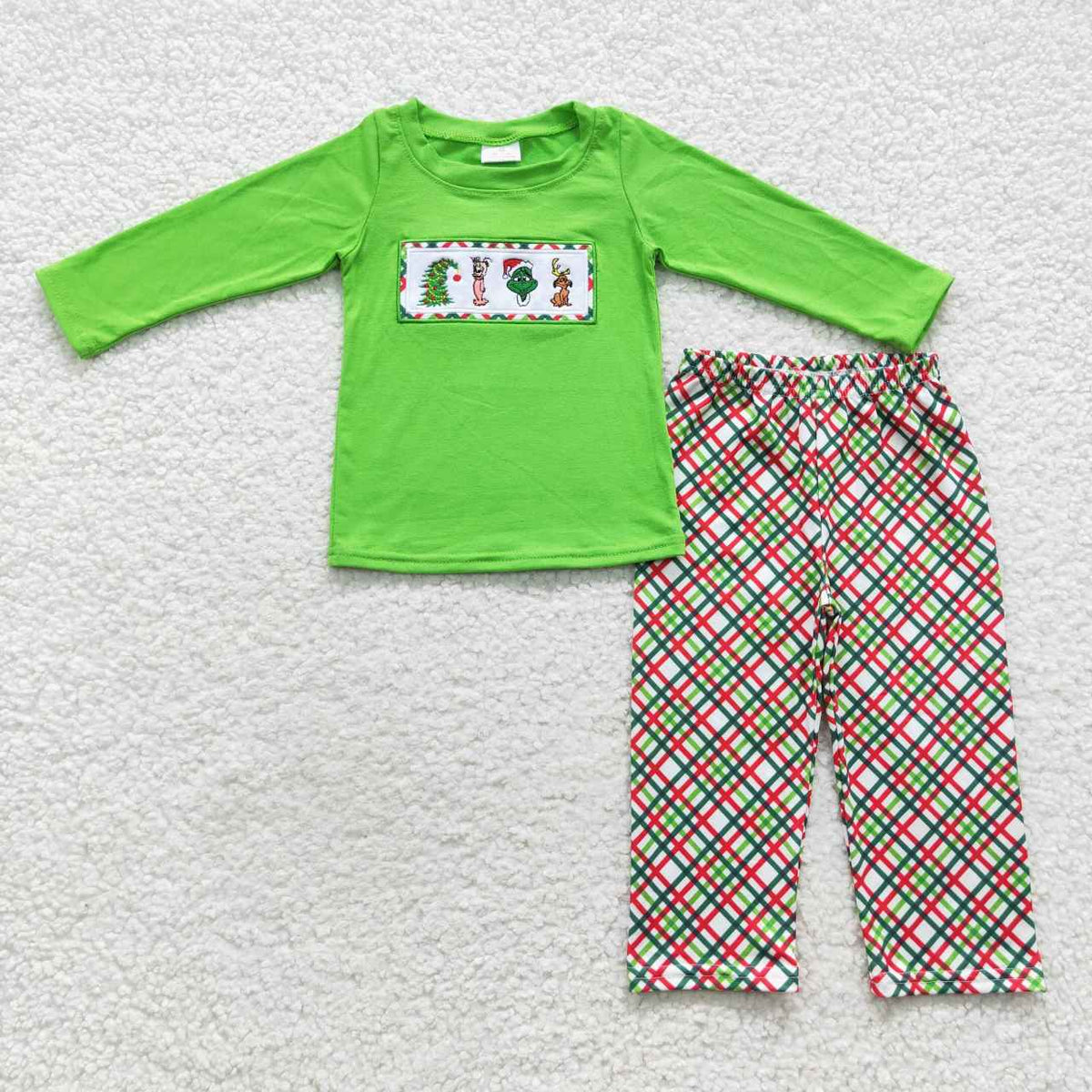 BLP0176 Green Frog Embroidery Top Checkered Pants Boys Christmas Clothes Set