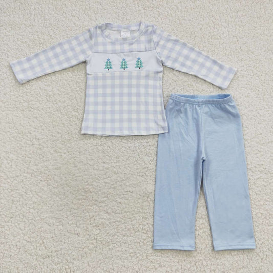 BLP0178 Tree Embroidery Checkered Top Blue Pants Boys Christmas Clothes Set