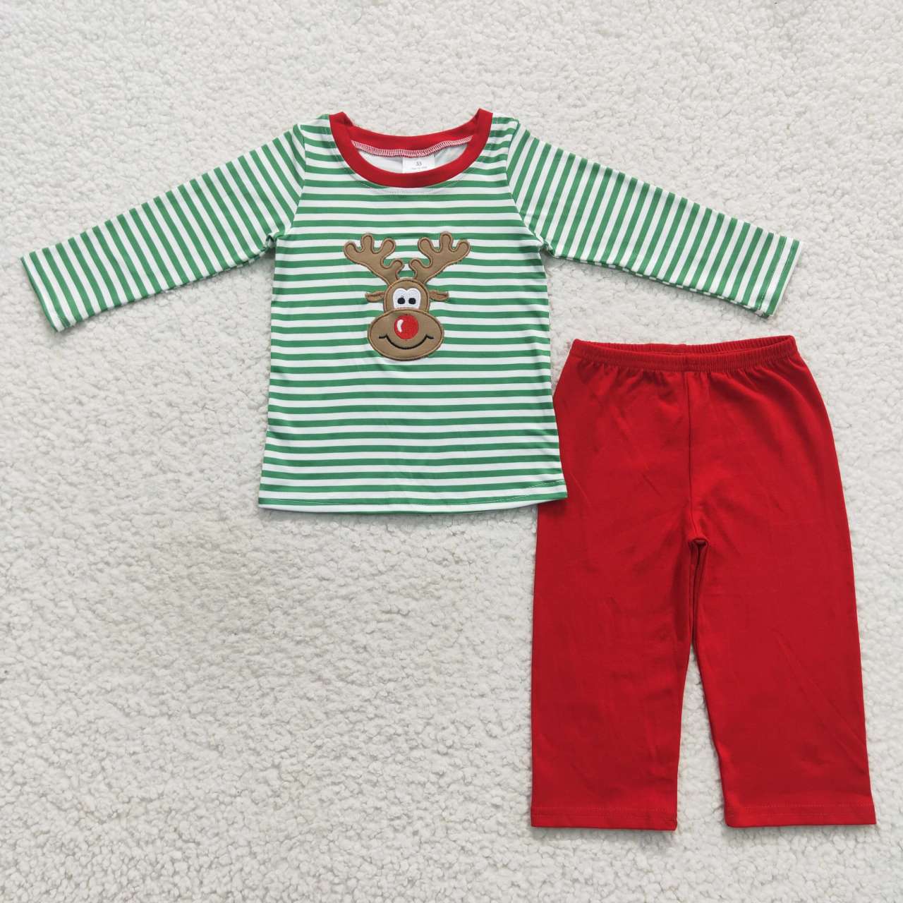 BLP0180 Deer Embroidery Stripes Top Red Pants Boys Christmas Clothes Set