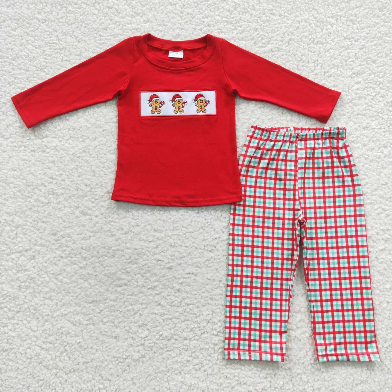 BLP0202 Gingerbread Embroidery Red Top Checkered Pants Boys Christmas Clothes Set
