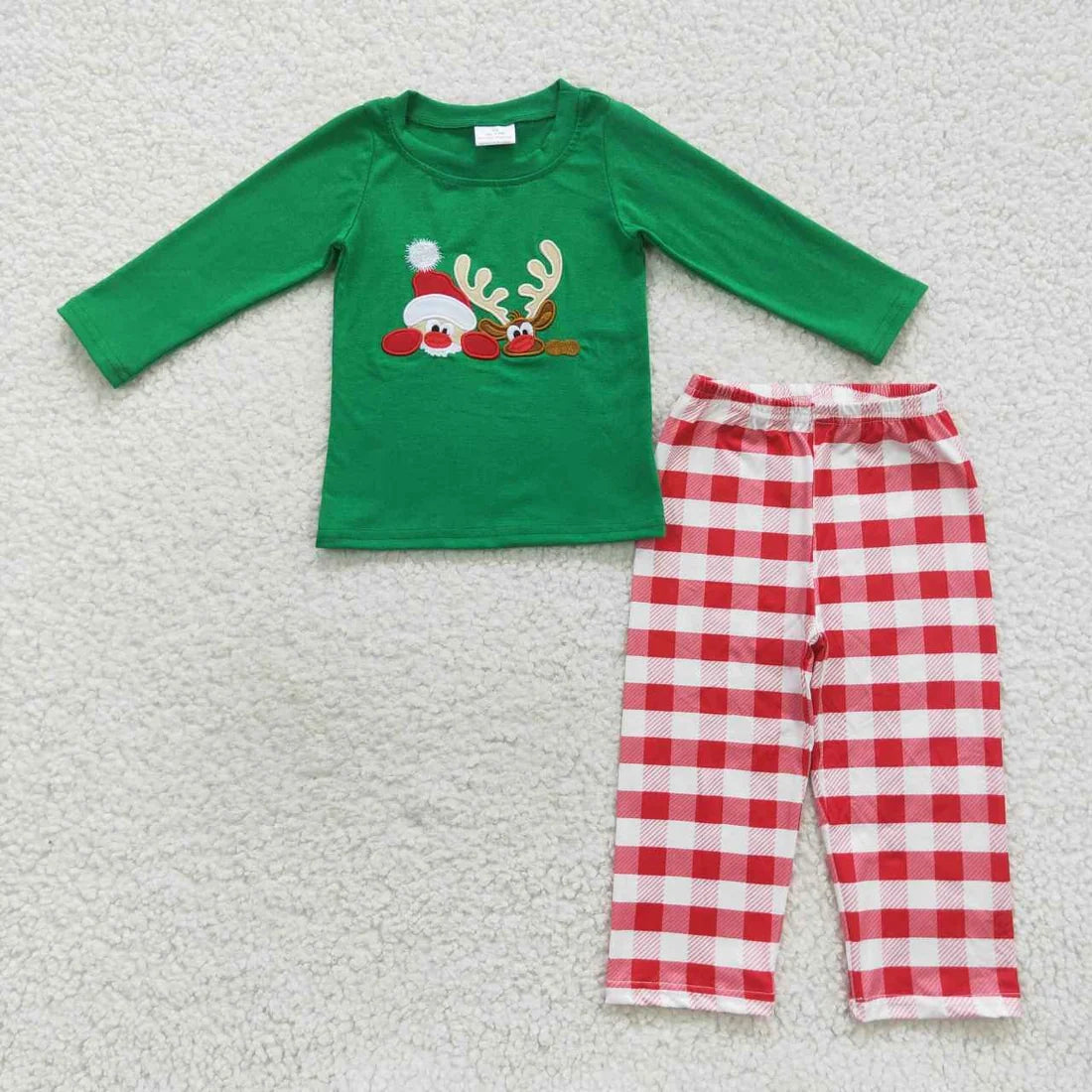 Sibling Baby Kids Embroidery Santa Deer Green Sleeves Christmas Clothes Sets Footie Rompers