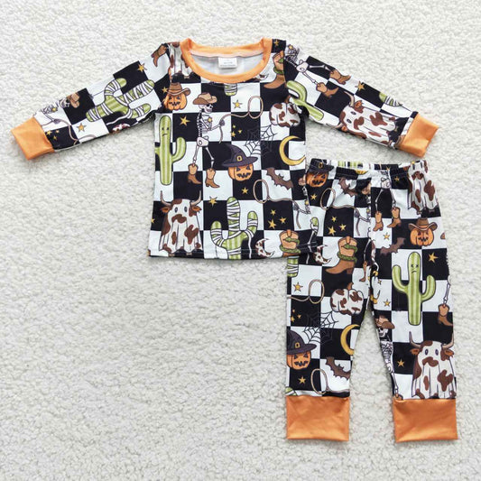 BLP0207 Cowboy Pumpkin Plaid Print Boys Halloween Pajamas Clothes Set