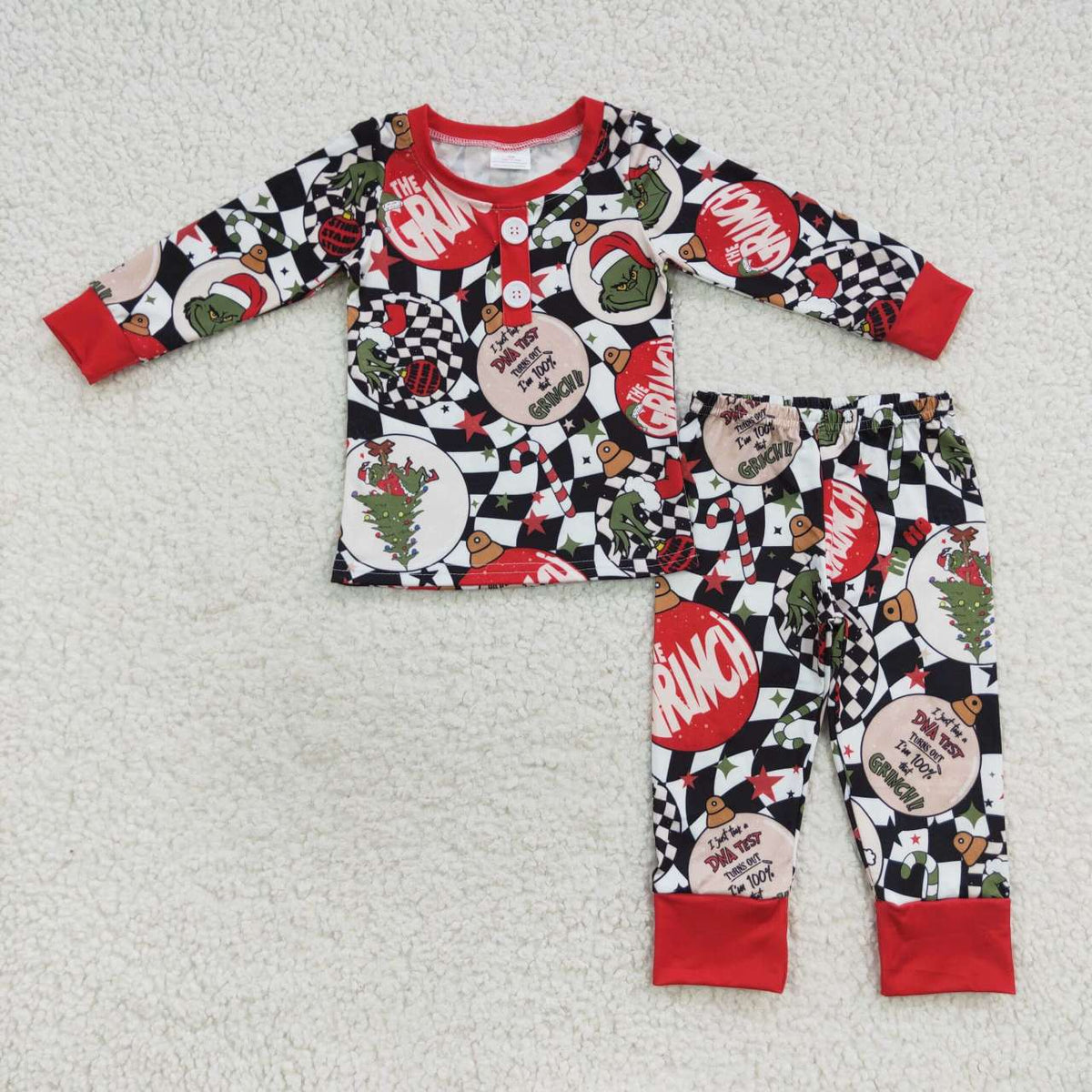 BLP0208 Green Frog Wavy Checkered Print Boys Christmas Pajamas Clothes Set