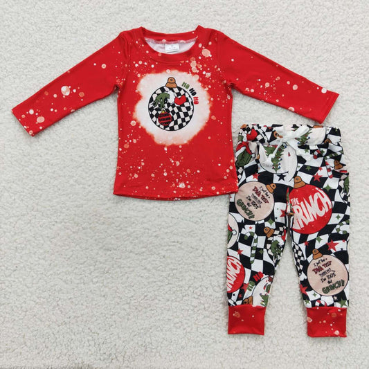BLP0209 Red Top Green Frog Wavy Checkered Pants Boys Christmas Clothes Set