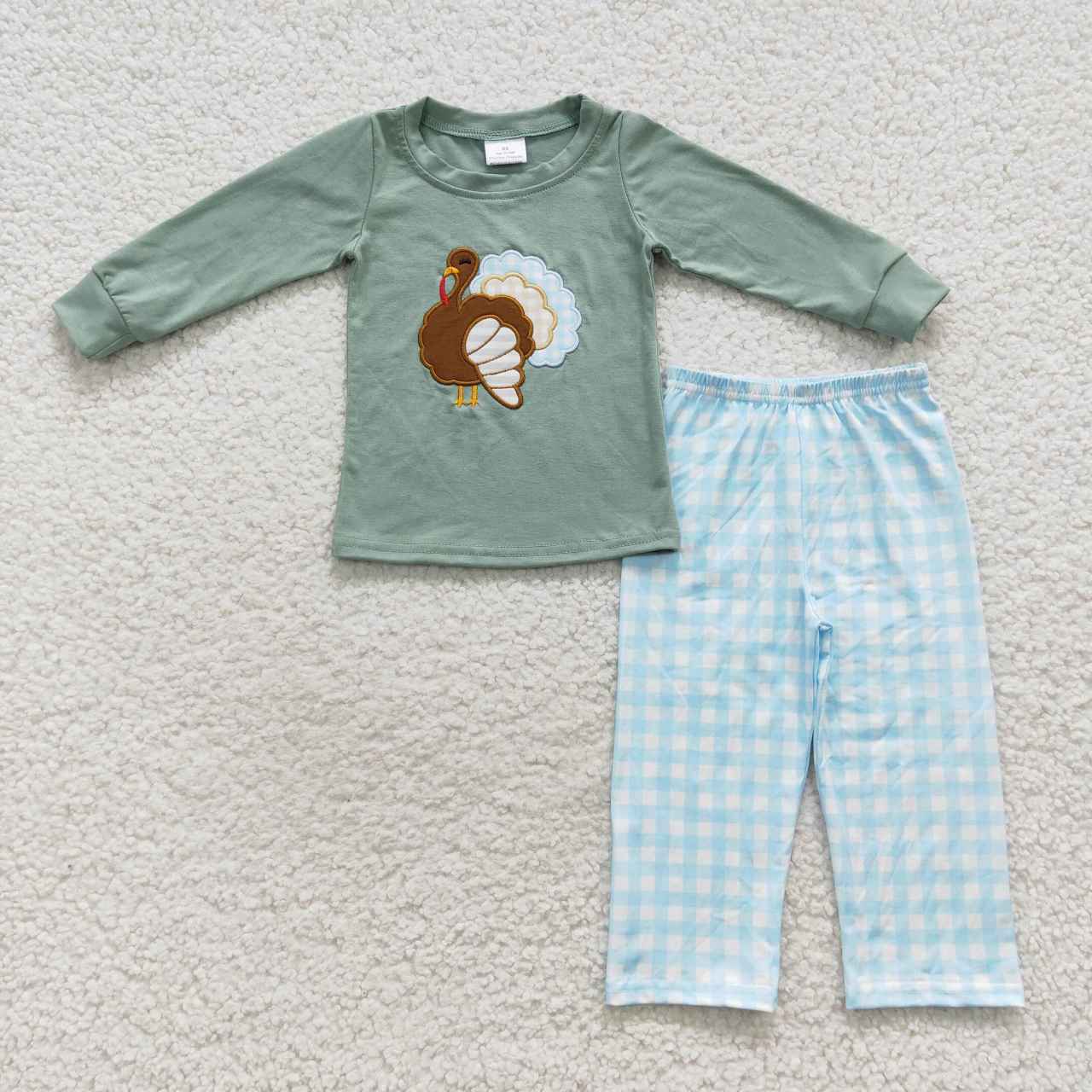 BLP0214 Turkey Embroidery Green Top Plaid Pants Boys Thanksgiving Clothes Set