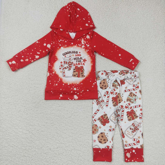 BLP0203 Cookies Milk Red Hoodie Top Pants Boys Christmas Clothes Set