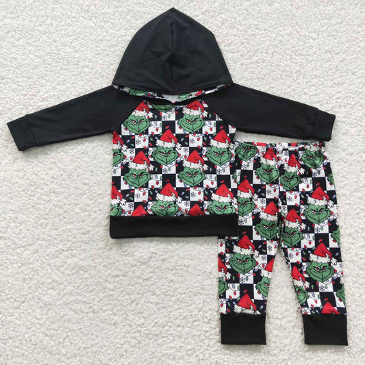 BLP0223 Green Frog Checkered Hoodie Top Pants Boys Christmas Clothes Set
