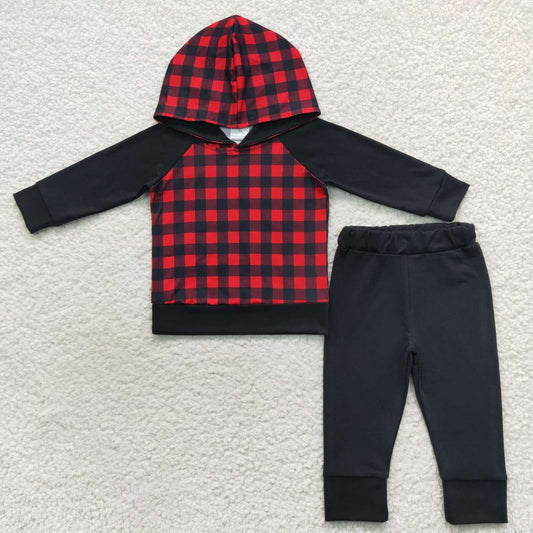 BLP0224 Red Checkered Hoodie Top Black Pants Boys Christmas Clothes Set