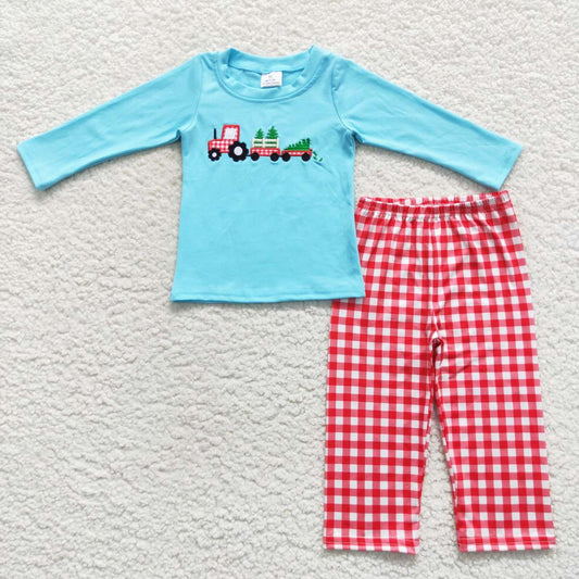 BLP0248 Tractor Tree Embroidery Blue Top Checkered Pants Boys Christmas Clothes Set