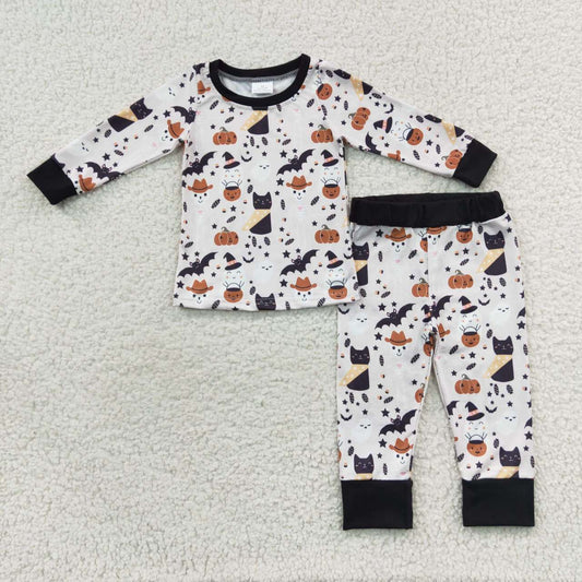 BLP0276 Pumpkin Bat Cat Ghost Stars Print Kids Halloween Pajamas Clothes Set