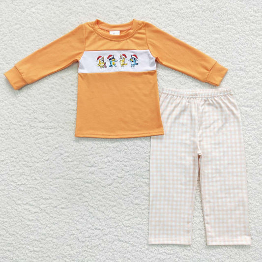 BLP0282 Cartoon Dog Embroidery Orange Top Checkered Pants Boys Christmas Clothes Set