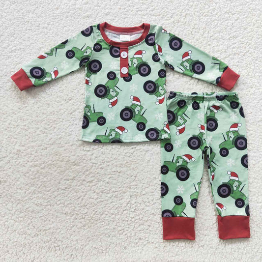 BLP0285 Tractor Green Print Boys Christmas Pajamas Clothes Set