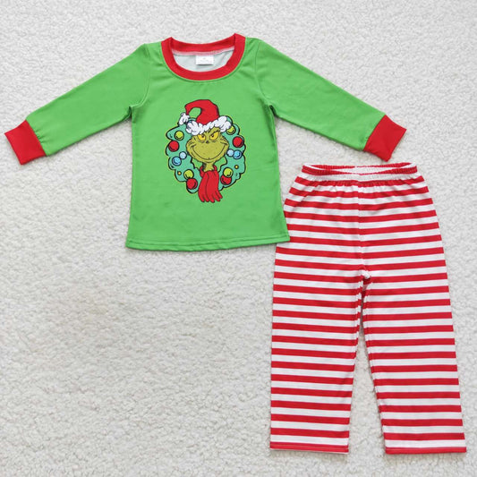 BLP0289 Green Frog Top Stripes Pants Boys Christmas Clothes Set