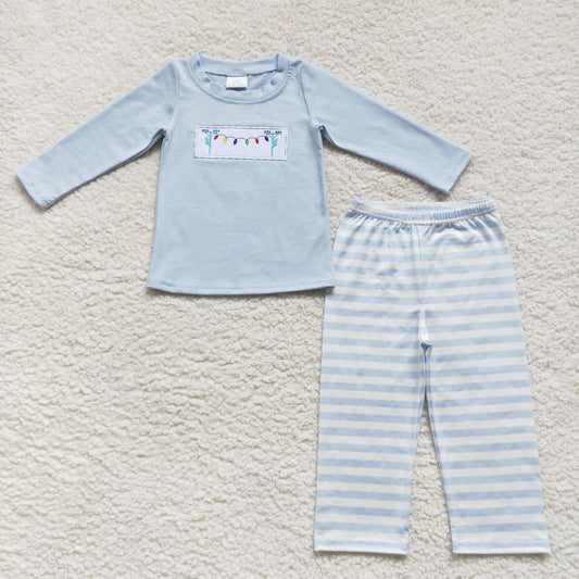 BLP0291 Lights Embroidery Top Stripes Pants Boys Christmas Clothes Set