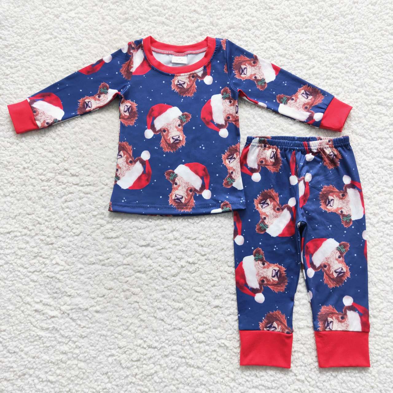 BLP0294 Highland Cow Holly Print Boys Christmas Pajamas Clothes Set