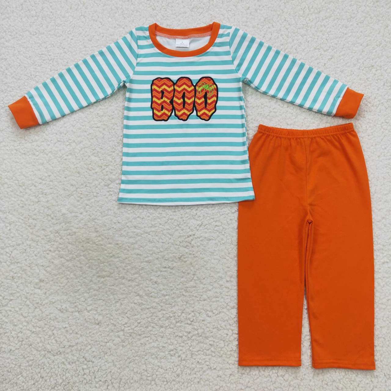 BLP0307 BOO Embroidery Stripes Top Orange Pants Boys Halloween Pajamas Clothes Set