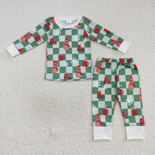 BLP0317 Snowman Checkered Print Boys Christmas Pajamas Clothes Set