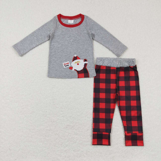 BLP0334 Santa Embroidery Grey Top Checkered Pants Boys Christmas Clothes Set