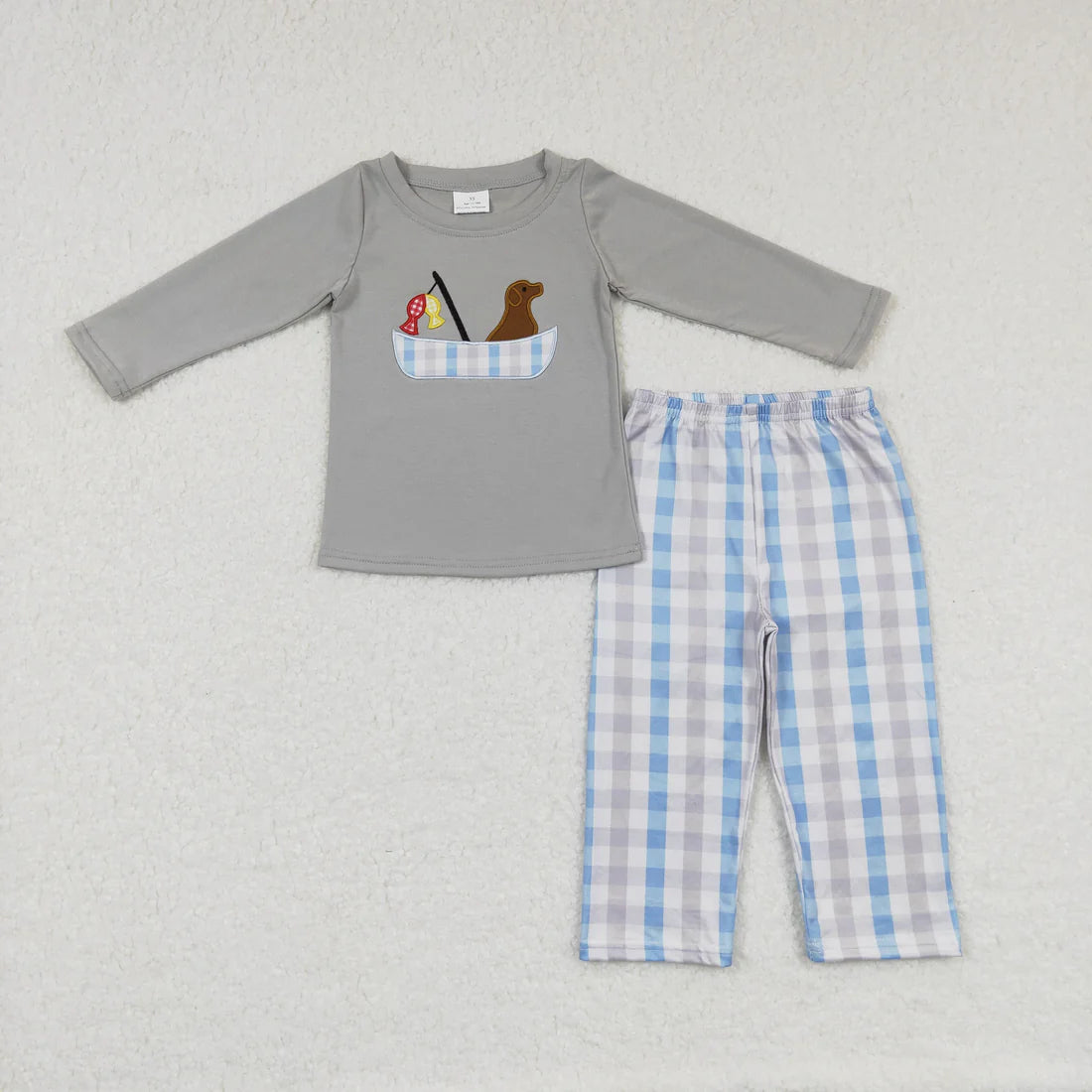 Sibling Embroidery Dogs Fishing Baby Boys Grey Shirt Pants Hunting Clothes