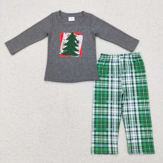 BLP0351 Tree Embroidery Grey Top Checkered Pants Boys Christmas Clothes Set