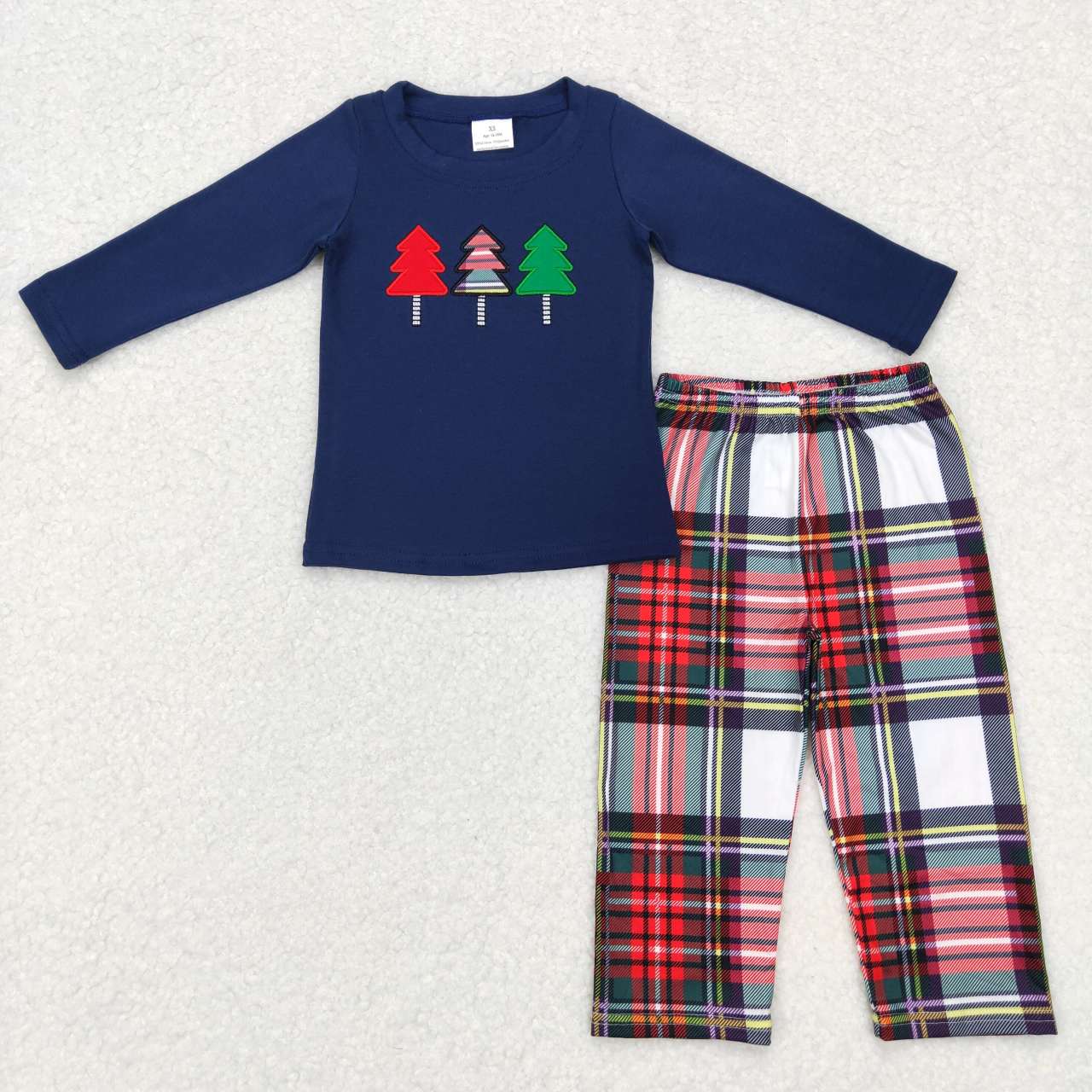 BLP0352 Tree Embroidery Navy Top Checkered Pants Boys Christmas Clothes Set