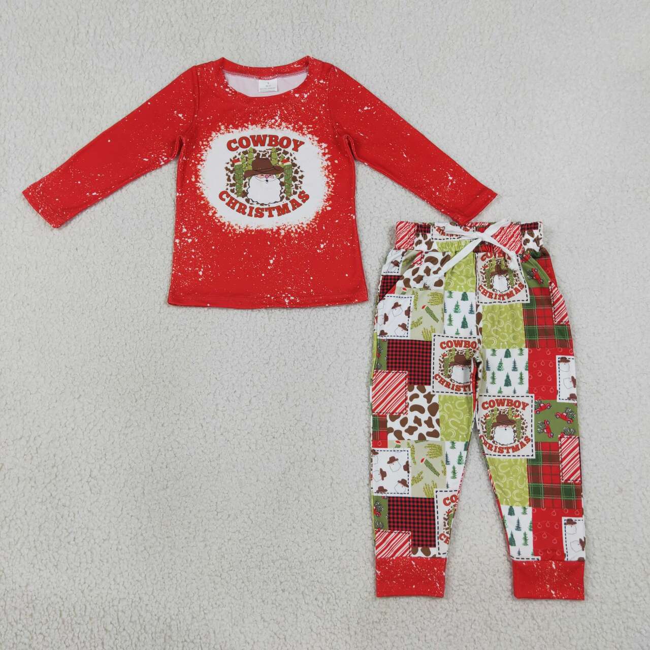 BLP0375 Cowboy Santa Red Top Checkered Pants Boys Christmas Clothes Set