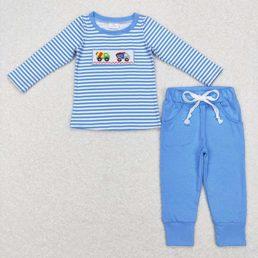 Sibling Baby Boys Construction Blue Striped Long Sleeve Pants Pajama Set