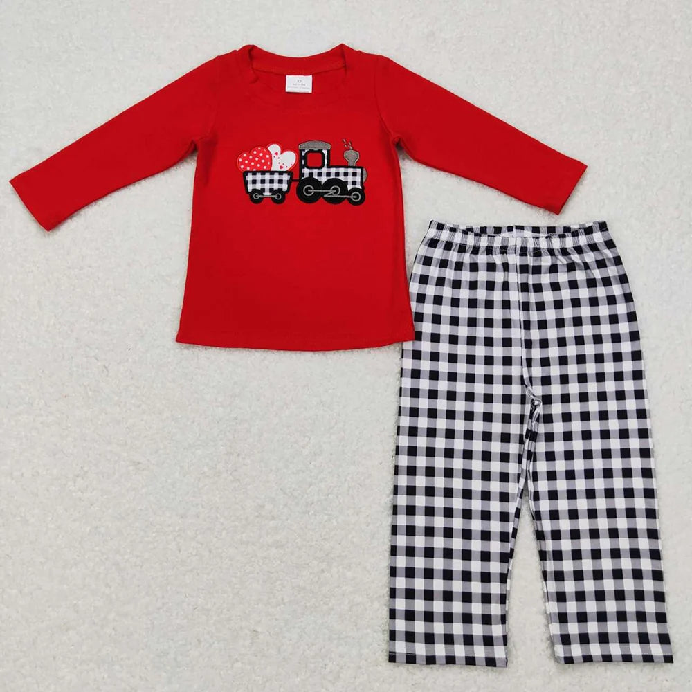 Sibling Baby Boys Girls Embroidery Valentines Heart Tractor Pants Outfit Romper