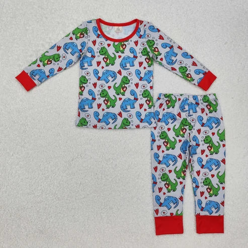 Sibling Baby Boys Dinosaurs Heart Pajama Set Top Zipper Romper
