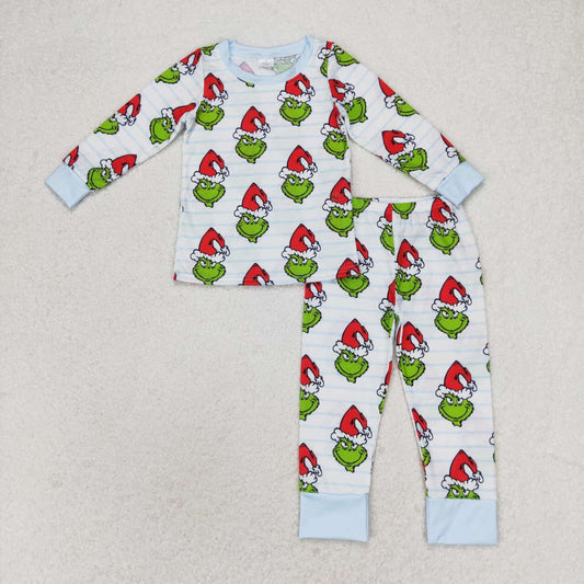 BLP0475 Green Frog Smiling Stripes Print Boys Christmas Bamboo Pajamas Clothes Set