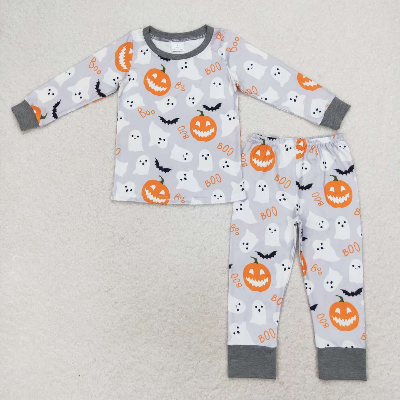 BLP0476 Ghost Pumpkin Bow Print Boys Halloween Pajamas Clothes Set