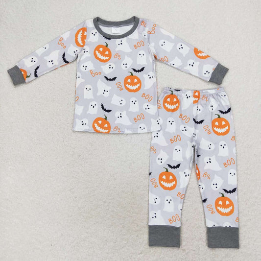BLP0476 Ghost Pumpkin Bow Print Boys Halloween Pajamas Clothes Set
