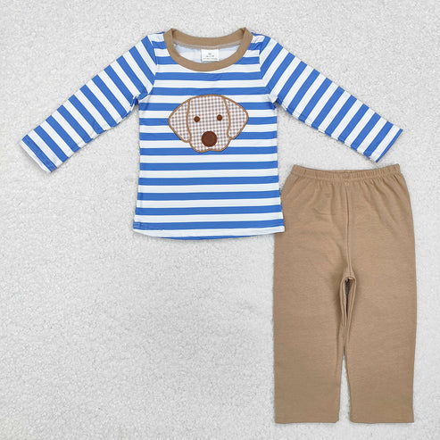 Baby Boys  Embroidery Puppy Blue Striped Long Sleeve Top with Pants Outfit