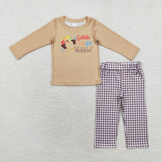 BLP0503 Gobble Wobble Turkey Top Checkered Pants Boys Thanksgiving Clothes Set