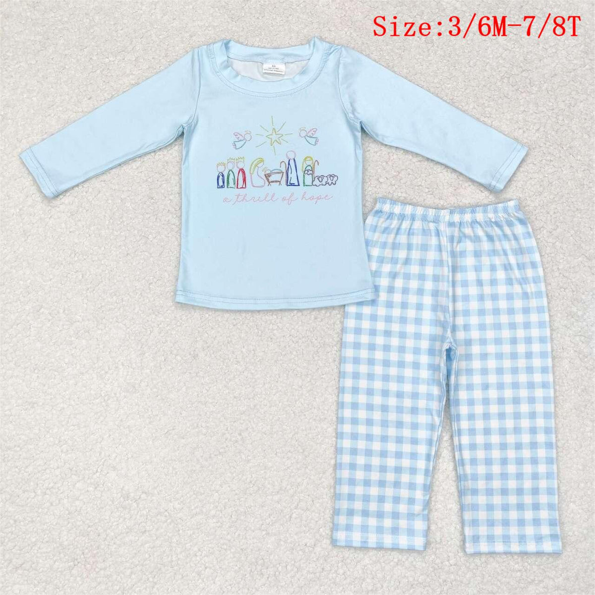 BLP0504 Nativity Hope Blue Checkered Print Boys Christmas Pajamas Clothes Set