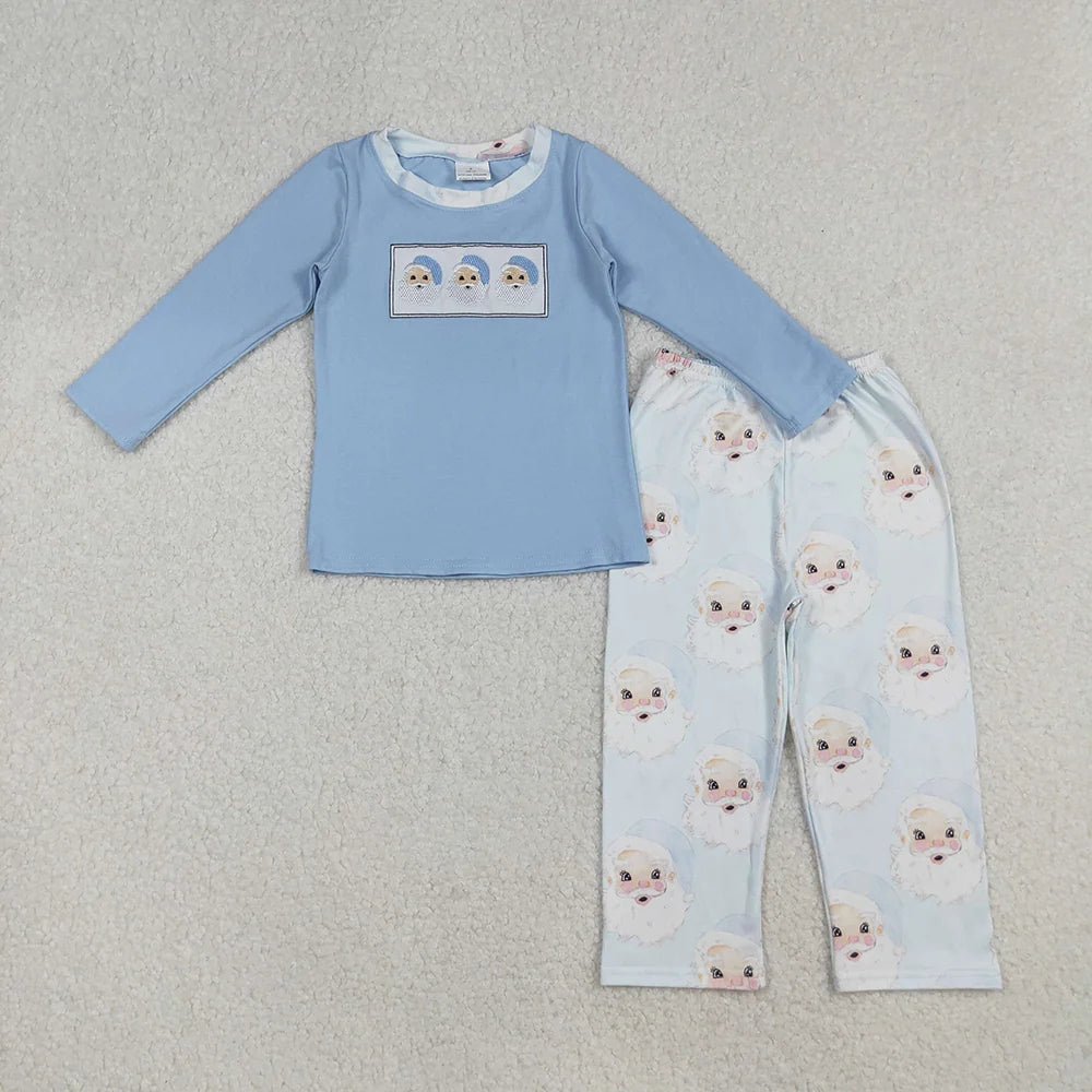 Sibling Embroidery Santa Baby Boys Girls Blue Shirts Top Pants Christmas Clothes Sets