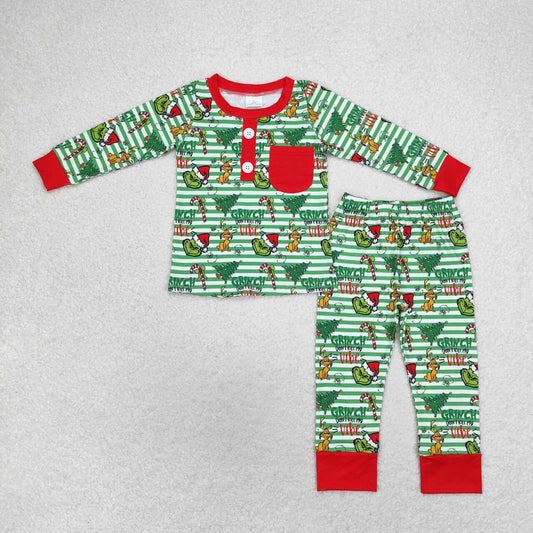 BLP0507 Green Frog Stripes Print Boys Christmas Pajamas Clothes Set