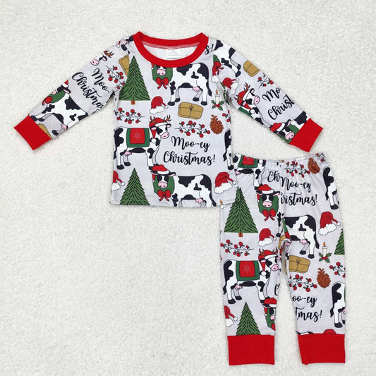 BLP0513 Cows Tree Holly Print Boys Christmas Pajamas Clothes Set