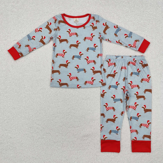 BLP0515 Dog Blue Print Boys Christmas Bamboo Pajamas Clothes Set