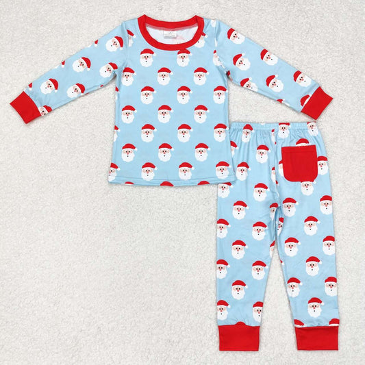 BLP0523 Santa Blue Print Pocket Boys Christmas Pajamas Clothes Set