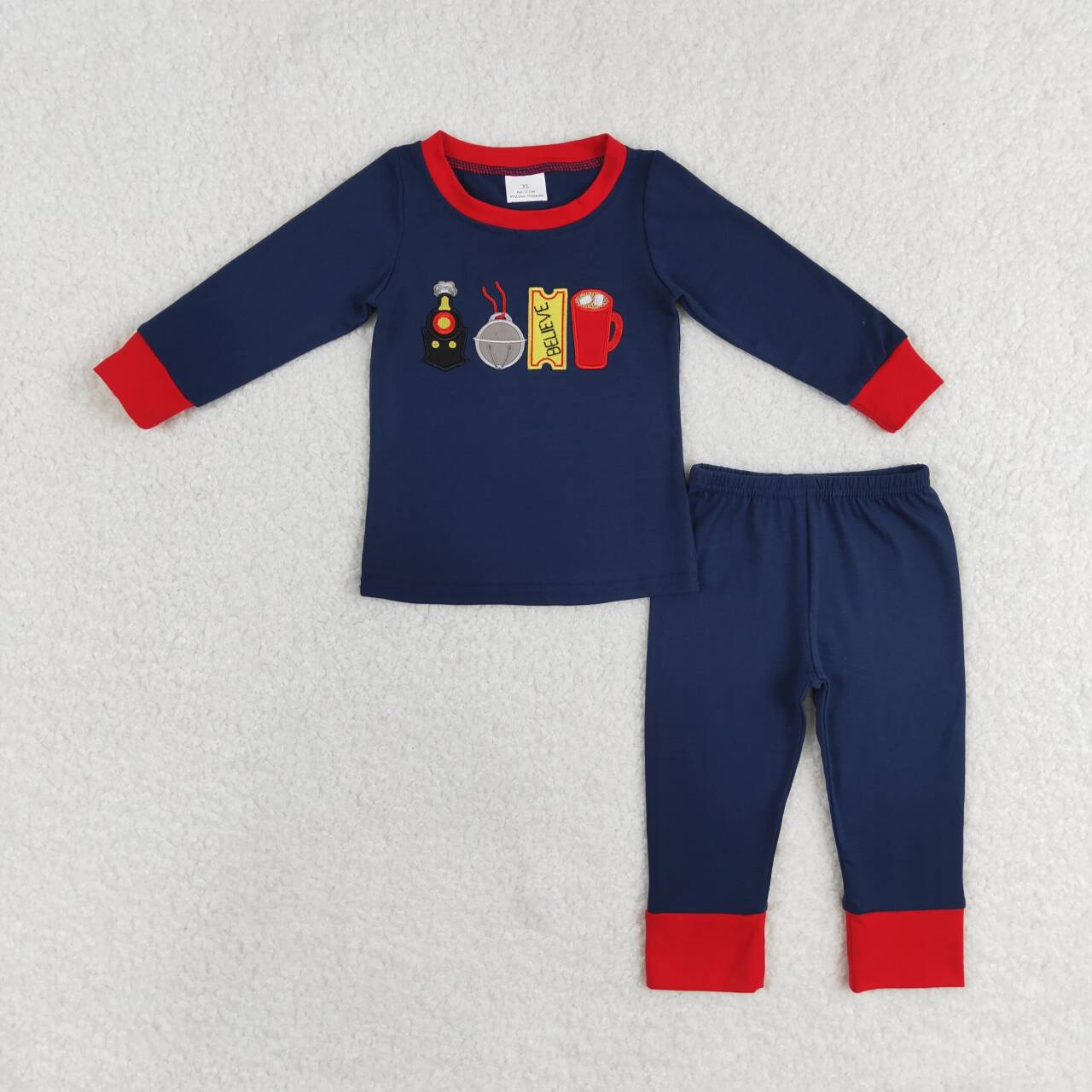 BLP0527 Bell Train Embroidery Navy Cotton Boys Christmas Pajamas Clothes Set