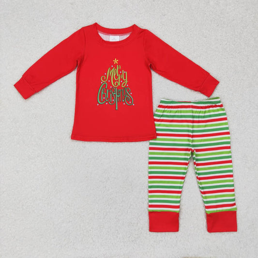 BLP0528 Merry Christmas Red Top Stripes Pants Boys Pajamas Clothes Set