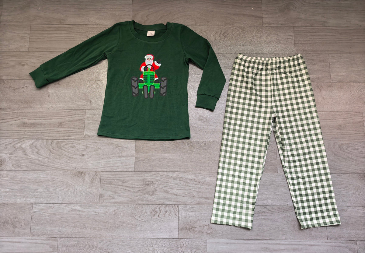 BLP0529 Preorder Tractor Santa Green Top Checkered Pants Boys Christmas Clothes Set