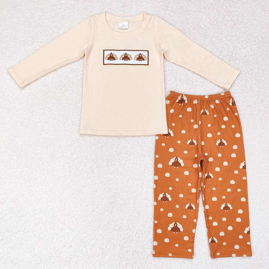 BLP0542 Turkey Embroidery Top Pumpkin Pants Boys Thanksgiving Clothes Set