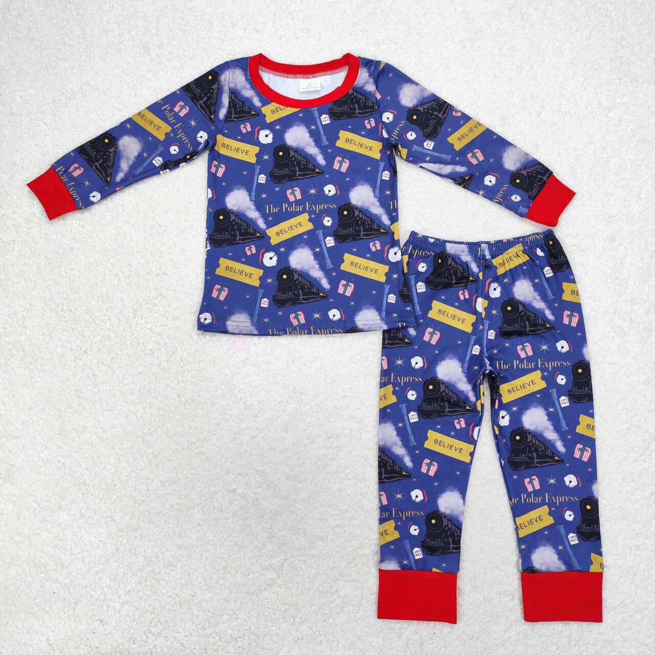 BLP0544 Bell Train Believe Print Boys Christmas Pajamas Clothes Set