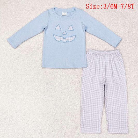 BLP0562 Smiling Face Embroidery Blue Top Checkered Pants Boys Halloween Clothes Set