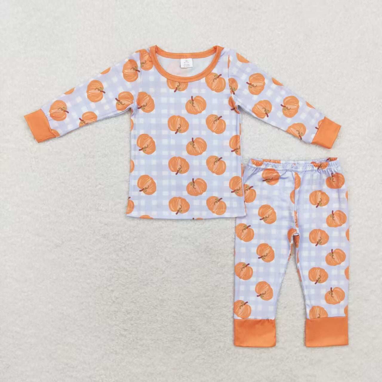 BLP0584 Pumpkin Checkered Print Long Sleeve Pants Boys Fall Pajamas Clothes Set